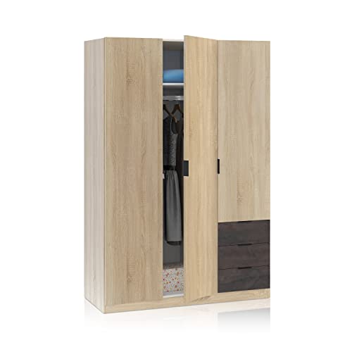Habitdesign LC0323F Kleiderschrank mit DREI Türen und DREI Schubladen, Maße: 121 cm (L) x 180 cm (H) x 52 cm (T), kanadische Eiche, Oxid von Habitdesign