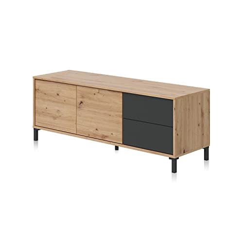 Habitdesign Brooklyn, TV-Modul mit 2 Türen und 2 Schubladen, Finish in Eiche Nodi und Anthrazit, Maße: 130 cm (B) x 47 cm (H) x 41 cm (T) von Habitdesign