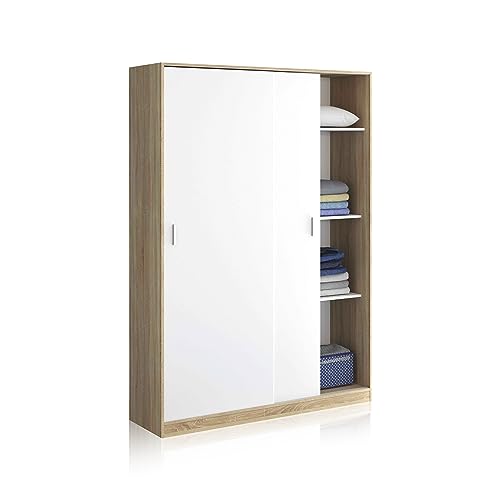 Kleiderschrank mit Zwei Schiebetüren und DREI Einlegeböden, Eichenfarbe und Mattweiß, Maße 120 x 200 x 50 cm von Habitdesign