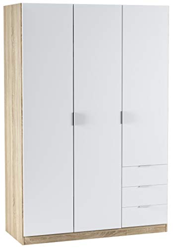Kleiderschrank mit drei Türen und drei Schubladen, Eichenfarbe und Artikweiß, Maße 121 x 180 x 52 cm von Habitdesign