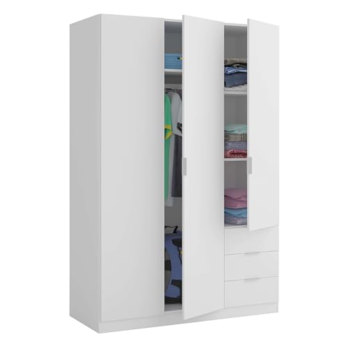 Kleiderschrank mit drei Türen und drei Schubladen mit Einlegeböden und weißer Kleiderstange, Maße 121 x 180 x 52 cm Kleiderschrank mit drei Türen und drei Schubladen mit Einlegeböden und weißer Kleiderstange, Maße 121 x 180 x 52 cm von Habitdesign