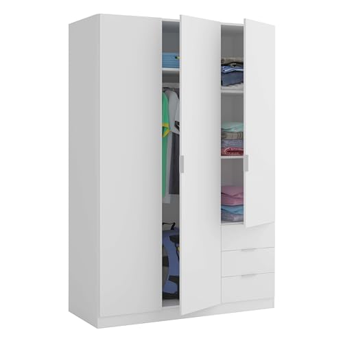 Kleiderschrank mit drei Türen und drei Schubladen mit Einlegeböden und weißer Kleiderstange, Maße 121 x 180 x 52 cm von Habitdesign