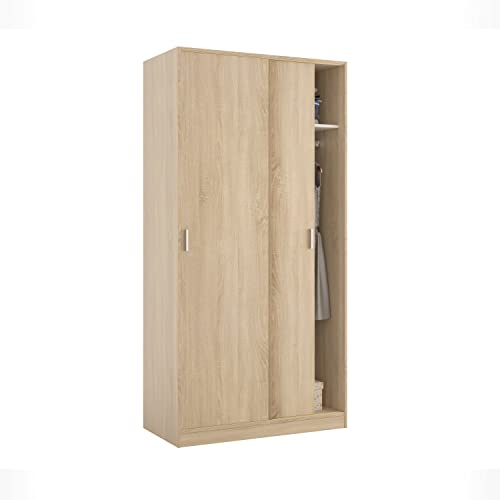 Kleiderschrank mit zwei Schiebetüren mit Kleiderstange und einem Innenregal, Eichenfarbe, Maße 100 x 200 x 50 cm von Habitdesign