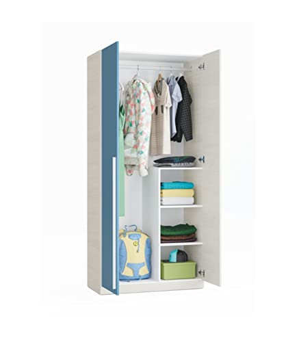 Kleiderschrank mit zwei Türen und drei Einlegeböden, mit Kleiderstange, Holznachbildung weiß und hellblau, 90 x 200 x 52 cm. von Habitdesign
