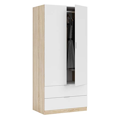 Kleiderschrank mit zwei Türen und zwei Schubladen unten, Eichenfarbe mit weißen Türen, 81,5 x 180 x 52 cm. von Habitdesign