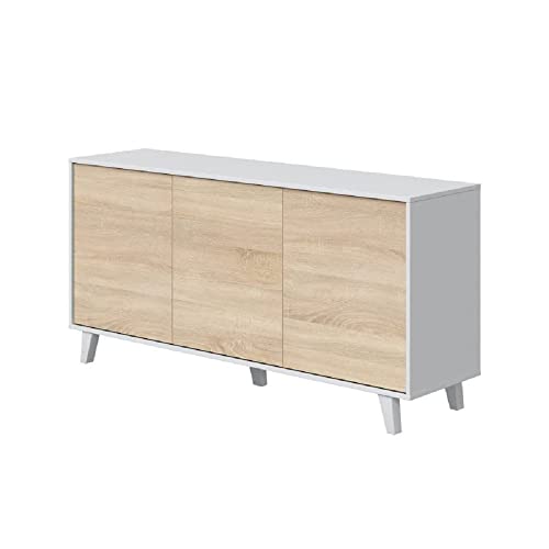 Sideboard mit drei Türen und drei Regalen, Eichenfarbe und Hochglanzweiß, Maße 154 x 41 x 75 cm von Habitdesign