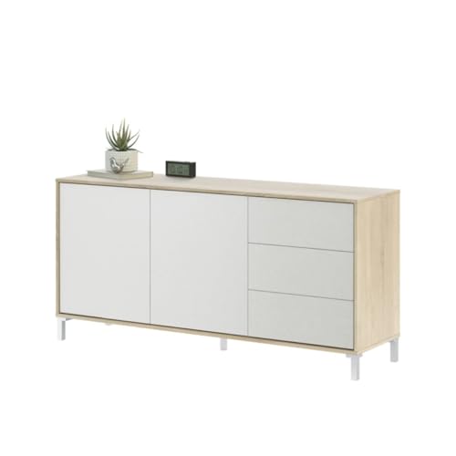 Sideboard mit zwei Türen und drei Schubladen, Eichenfarbe, 154 x 74 x 41 cm. von Habitdesign