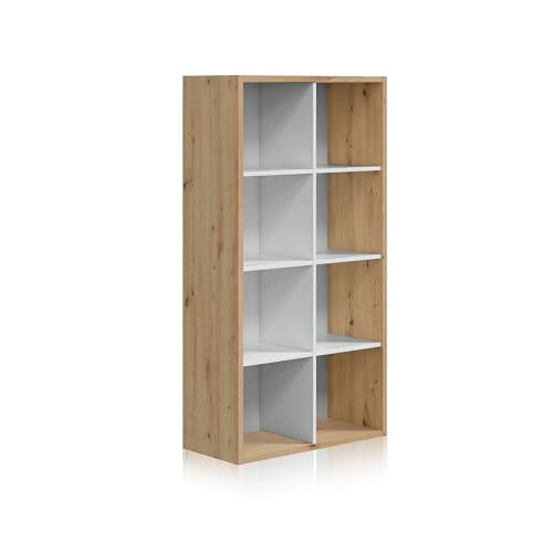 Habitdesign Vertikales oder horizontales Regal mit 8 Löchern, Bücherregal, Aufbewahrungssystem, Modell Noa, Finish in Eiche und Weiß Artikel, Maße: 71,5 cm (L) x 137 cm (H) x 33 cm (F) Wald von Habitdesign
