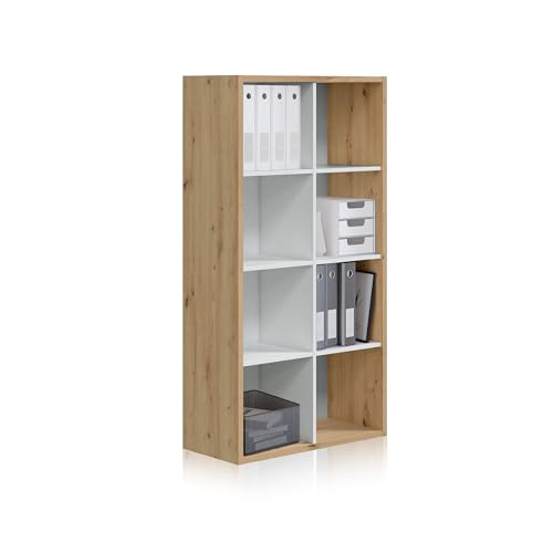 Vertikales oder horizontales Regal mit 8 Löchern, Bücherregal, Aufbewahrungssystem, Modell Noa, Finish in Eiche und Weiß Artikel, Maße: 71,5 cm (L) x 137 cm (H) x 33 cm (F) Wald von Habitdesign