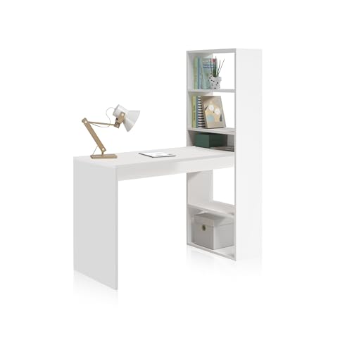 Wendbarer Schreibtisch mit Bücherregal mit fünf Regalen, Farbe Weiß, Maße 120 x 144 x 53 cm von Habitdesign