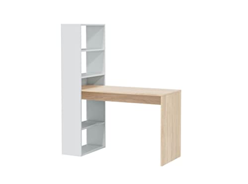 Wendbarer Schreibtisch mit Bücherregal mit fünf Regalen, Farbe Weiß und Eiche, Maße 120 x 144 x 53 cm von Habitdesign