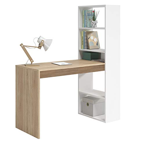 Wendbarer Schreibtisch mit Bücherregal mit fünf Regalen, Farbe Weiß und Eiche, Maße 120 x 144 x 53 cm von Habitdesign