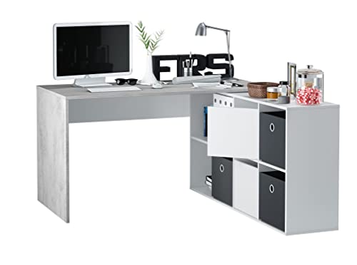Wendbarer Schreibtisch mit Bücherregal mit sechs Fächern, Farbe weiß und beton, 136 x 74 x 139 cm. von Habitdesign