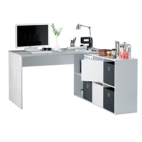 Wendbarer Schreibtisch mit Bücherregal mit sechs Fächern, Farbe weiß und beton, 136 x 74 x 139 cm. von Habitdesign