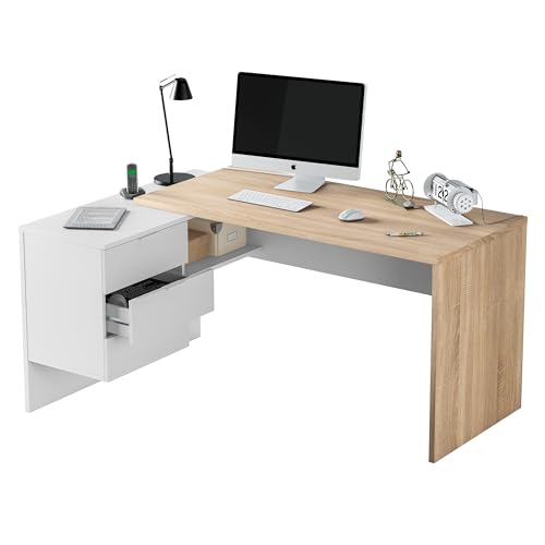 Wendeschreibtisch mit 3-Schubladen-Kommode, Eckschreibtisch, cm 145x108h73, Eiche und Weiß von Habitdesign