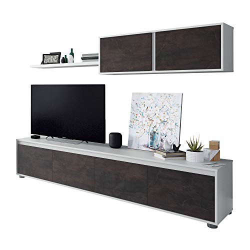 Wohnzimmer-TV-Schrank mit vier Türen, mit Hängeschrank und Regal, dunkelbraun und glänzend weiß, TV-Schrankmaß 200 x 43 x 41 cm Hängeschrank 105 x 35 x 29 cm Regal 95 x 3 x 21 cm von Habitdesign