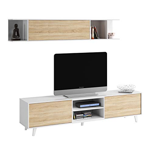 Wohnzimmer-TV-Ständer, glänzend weiß und Eiche, Maße 180 x 51 x 41 cm Wohnzimmer-TV-Ständer, glänzend weiß und Eiche, Maße 180 x 51 x 41 cm von Habitdesign