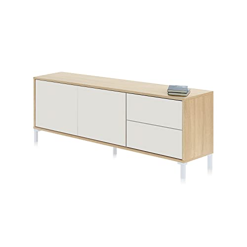 Wohnzimmer-TV-Ständer bestehend aus einem Modul mit zwei Türen und zwei Schubladen, Eiche und weiße Farbe, 130 x 47 x 41 cm von Habitdesign