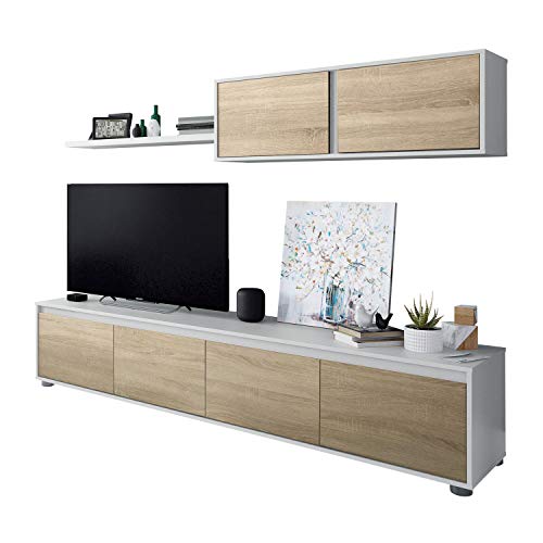 Wohnzimmer TV-Ständer mit vier Türen, mit Hängeschrank und Regal, Farbe kanadische Eiche und Artikweiß, Maße TV-Ständer 200 x 43 x 41 cm Hängeschrank 105 x 35 x 29 cm Regal 95 x 3 x 21 cm von Habitdesign