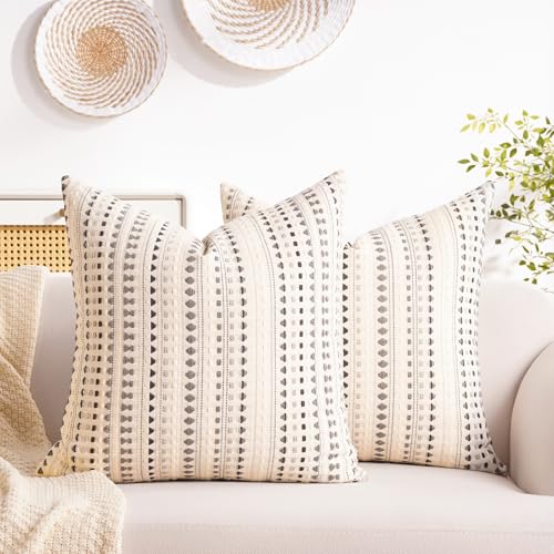 Habodd Boho Kissenbezug 45x45 cm 2er Set Baumwolle Leinen Kissenhülle Beige Grau Gestreift Sofakissen Deko Kissen Bezug Gewebt Strukturiert Kissenbezüge für Sofa Couch Wohnzimmer Schlafzimmer von Habodd