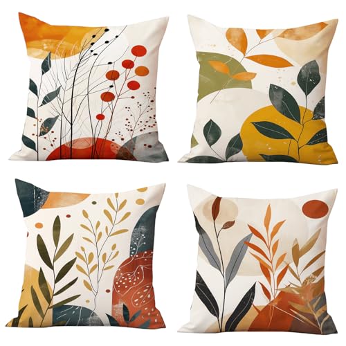 Habodd Outdoor Kissenbezug Boho Samt 45x45 cm 4er Set Morandi Dekokissen Kissenhülle für Garten Balkon Sofa Couch Bett Abstraktes Blatt Pflanze Sonne Berg Geometrisch Sofa Kissen Bezug Bunt von Habodd