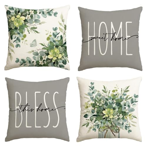 Habodd Outdoor Kissenbezug 45x45 Eukalyptus Grün 4er Set Kissenhülle Sofa Deko Kissen Aquarell Blätter Sommer Beige Leinen Kissenbezüge für Sofa Zimmer Balkon Terrasse Patio Garten von Habodd