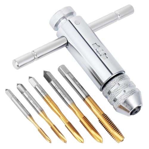 Habwea 5 Stück Gewindebohrer Set, M3 M4 M5 M6 M8 HSS Gewindefräsen T -Griff Ratsche Gewindeschneider Halterschlüssel (Tap Wrench Set-Golden) von Habwea