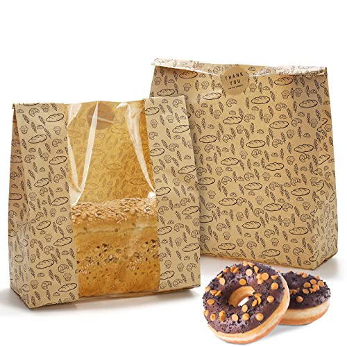 Hacaroa 100 Stück Papier Brotbeutel mit Klarem Fenster, 27,5 x 25 x 10 cm Kraft Bäckerei Taschen mit 100 Aufkleber, Braun Toast Verpackung Taschen für Hausgemachtes Brot, Keks von Hacaroa