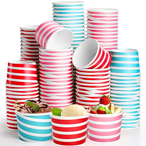 Hacaroa 150 Stück 240 ml Papier-Eisbecher, Einweg-Dessertschalen, Eisbecher, Partyzubehör, Leckerlibecher, warme und kalte Lebensmittel, 3 Farben Streifen von Hacaroa