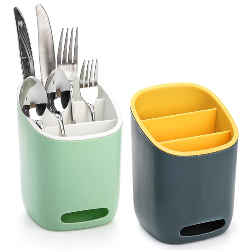 Hacaroa 2 Stück Kunststoff Abtropffläche Caddy, 3 Geteilt Silberwarenhalter Trocknen Utensil Crock, Spüle Arbeitsplatte Besteck Veranstalter für Löffel, Gabeln, Messer, 2 Farben von Hacaroa