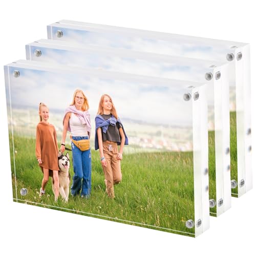 Hacaroa 3 Stück 10 x 15 cm Acryl Bilderrahmen, Doppelseitige Magnetische Fotorahmen 18mm Dicke, Klare Rahmenlose Schwebende Rahmen für Desktop-Display, Frei Stehend von Hacaroa