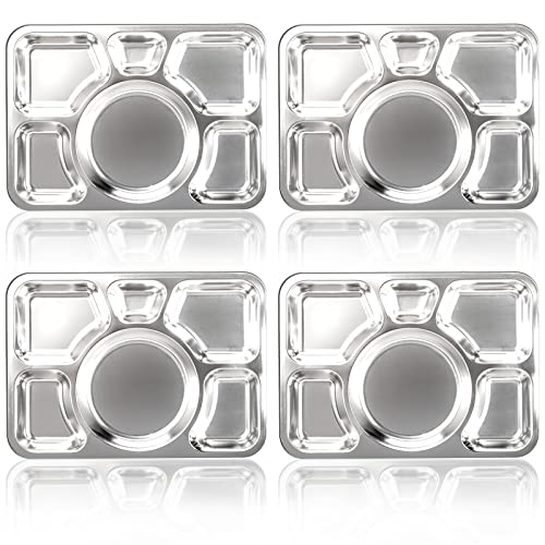 Hacaroa 4 Stück Edelstahl Geteilt Abendessen Teller, 38 x 27 cm Snack Servierplatte mit 6 Fach, Metall Lebensmittel Tabletts für Kinder, Erwachsene, Camping, Diät Portion Control von Hacaroa