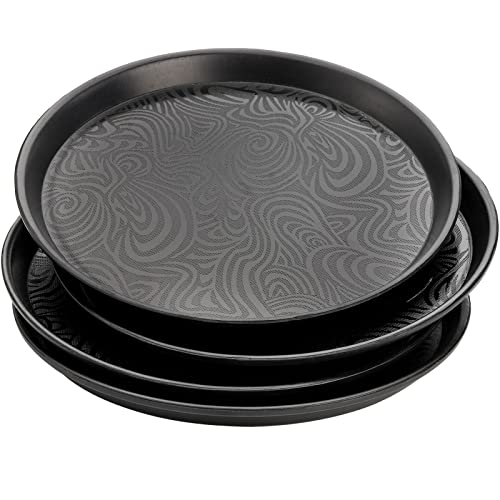 Hacaroa 4 Stück runde Restaurant Serviertabletts, 30,5 cm Kunststoff Food Service Tabletts rutschfestes Essen Teller für Cafeteria, Bar, Coffee Shop, Hotel, geschwungene Linien, schwarz von Hacaroa