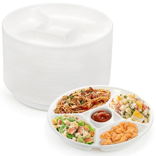 Hacaroa 80 Stück Pappteller mit 5 Fächern, 25,4 cm, kompostierbare Bagasse-Teller, Einweg-Lunch-Tablett, biologisch abbaubar, geteilte Speiseteller für Party, Picknick, umweltfreundlich, von Hacaroa