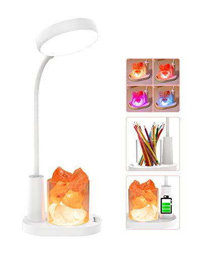 Hacevida Schreibtischlampe Kinder, Tischlampe Dimmbar mit Stifthalter, LED Nachttischlampe Kinder mit Himalaya Salz, 3 Farbtemperatur, Automatischem Farbwechsel, Wiederaufladbare von Hacevida