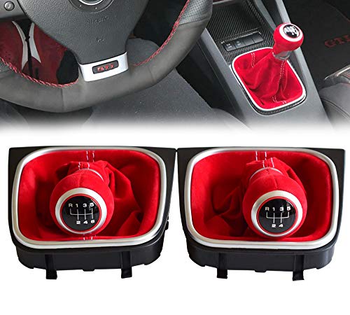 Hacreyatu Schaltknauf + Schaltsack + Rahmen - Rotes Wildleder- 5 Gang für Golf 5 Golf 6 MK5 MK6 R32 GTI 04-09 (5 Gang) von Hacreyatu