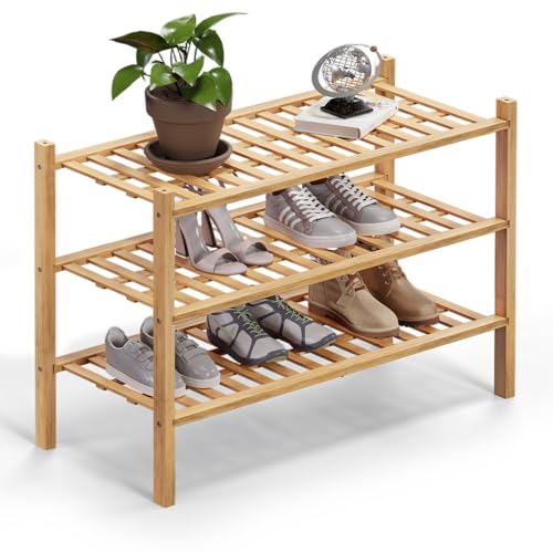 Haddockway Schuhregal aus Bambus mit 3 Etagen, multifunktional, freistehend, stapelbar, mit Gitterplatte für Schrank, Flur, Eingangsbereich, kleiner Raum, 68,6 x 27,9 x 50,8 cm (Natur, 3 Etagen) von Haddockway