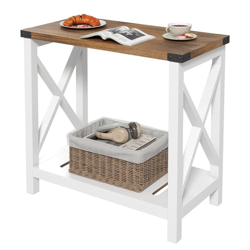 Hadulcet Bauernhaus-Beistelltisch mit Ablage, schmaler Nachttisch für kleinen Raum, schmaler Beistelltisch, rustikaler Nachttisch im X-Design für Wohnzimmer, Schlafzimmer, Weiß & Braun von Hadulcet