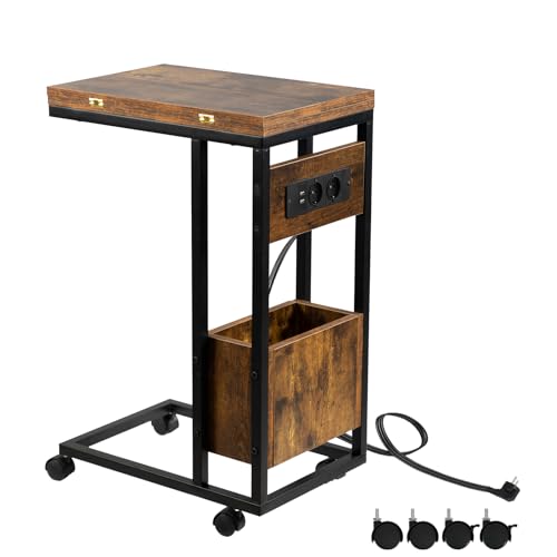 Hadulcet Beistelltisch Couch, Beistelltisch c Form, klappbare Tischplatte, Laptoptisch mit Rollen, Ladenstation, schmaler Side Table fürs Wohnzimmer, Schlafzimmer, 70cm hoch, Endtisch Dunkelbraun von Hadulcet
