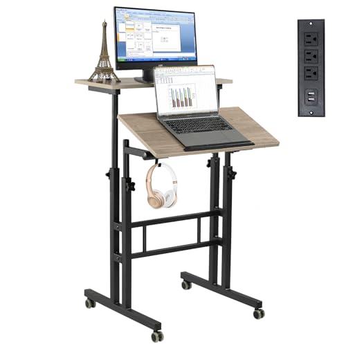 Hadulcet Mobiler Standcomputer mit Ladestation, verstellbarer Computer Stehpult, Laptopwagen mit Rädern, für Zuhause, Büro, Klassenzimmer, Hellgrau von Hadulcet