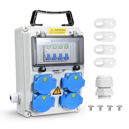 Haedswer Baustromverteiler 16A, 4×230V Wandverteiler mit Leistungsschalter, IP54 Wasserdicht Stromverteiler, Wandverteilerkästen für Innen und Außen von Haedswer