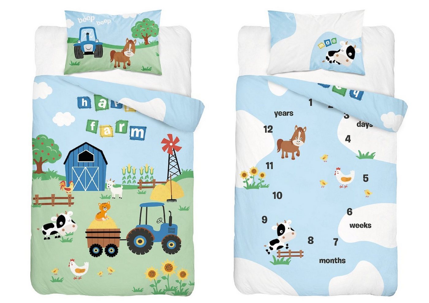 Häßler Homefashion Babybettwäsche Traktor blau Bauernhof 100% Baumwolle Größe: 100x135 cm, 40x60 cm, Baumwolle, 2 teilig von Häßler Homefashion