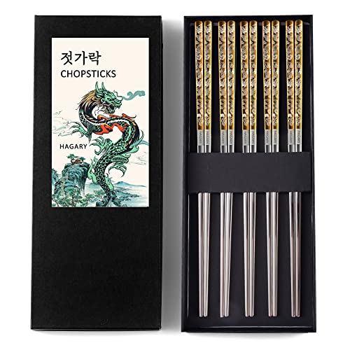 Hagary Drachen-Essstäbchen, Metall, wiederverwendbar, entworfen im koreanischen japanischen Stil, Edelstahl, 316 18/10, rutschfest, 2 Paar, spülmaschinenfest, lasergeätzt (Gold – 5 Paar) von Hagary