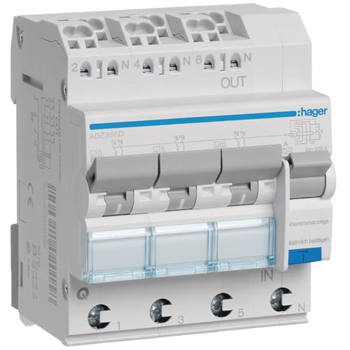 Hager ADZ366D Fehlerstrom-Leitungsschutzschalter 16A 1-polig+N 3x(1P+N) 6kA C-Charakteristik 30mA Typ A QuickConnect FI/LS-Schalter ( ADZ 366D ) von Hager