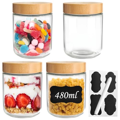 HahaGo Overnight Oats Gläser, 4 Stück Meal PrepGläser, 480ml Einmachgläser mit Schraubdeckel, Marmeladengläser mit Etiketten & Stift, Mealprep Gläser für Oats Joghurt Pudding Chutney Marmelade von HahaGo