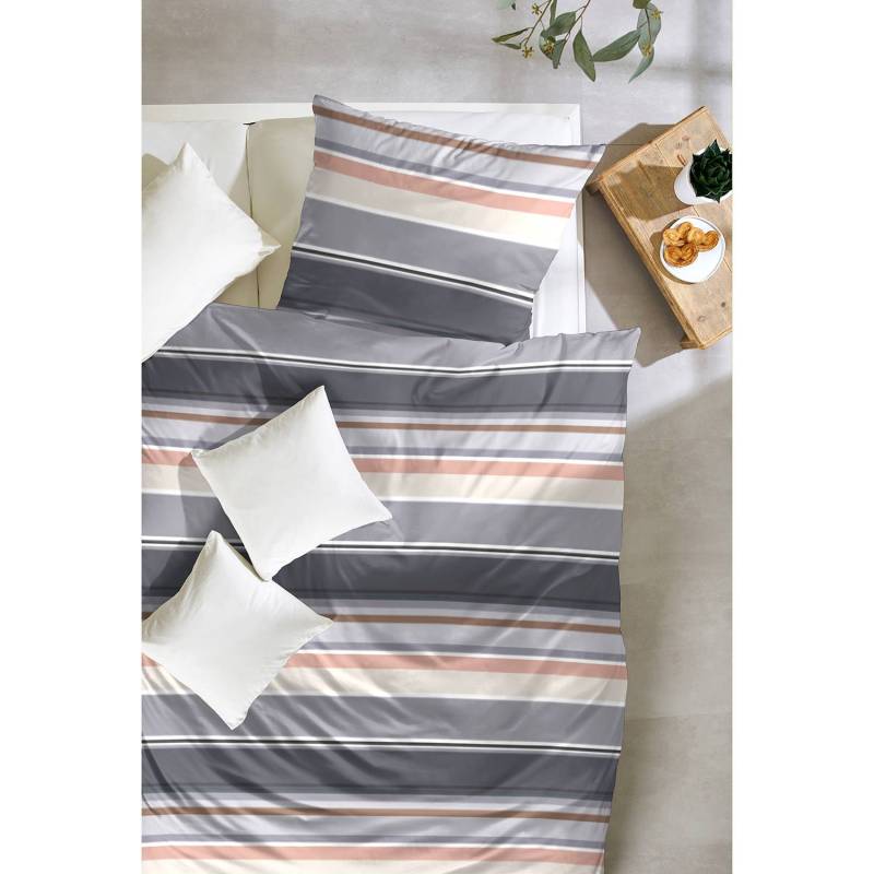 home24 Perkal-Bettwäsche Late Summer Stripe 135 x 200 cm + Kissen 80 x 80 cm Multicolor/Grau/Beige von home24