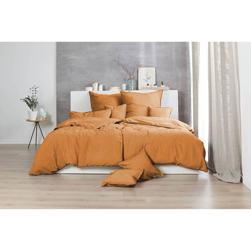home24 Renforce-Bettwäsche Stonewashed Pure 135 x 200 cm + Kissen 80 x 80 cm Gelb/Currygelb von home24
