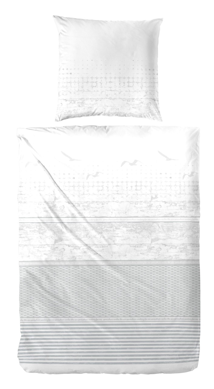Hahn Perkal Bettwäsche 135x200 Streifen Möven weiß silber 133031-08 von Hahn Haustextilien