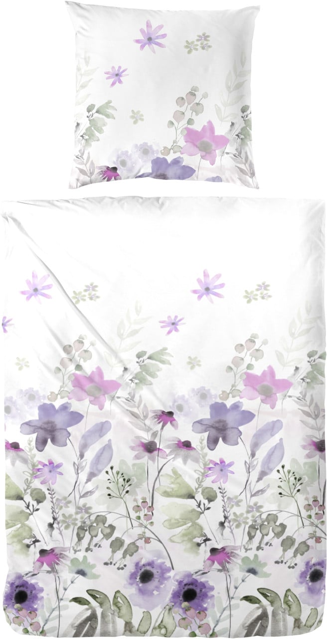 Mako Satin Bettwäsche Blumen 135 x 200 cm weiß/lila von Hahn Haustextilien