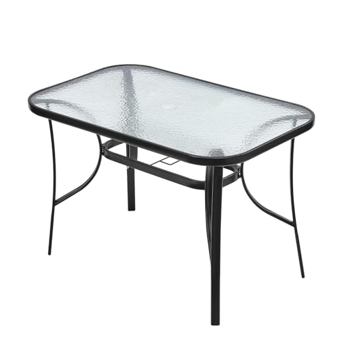 HaiYiZuhause Gehärteter Glastisch im Freien, Wasserwelle Stahlrahmen-Schreibtisch mit Schirmloch für Patio Garten Balkon Hinterhof Pool, schwarzer Rahmen, Breite 110cm von HaiYiZuhause